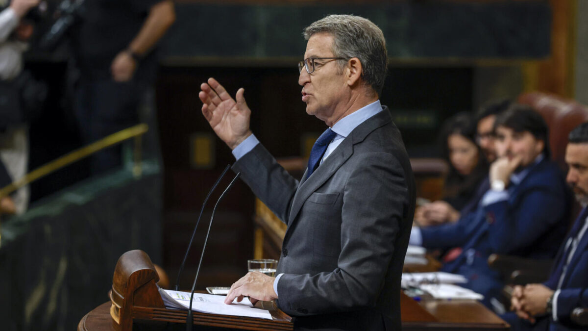 MADRID, 30/05/2024.- El líder del PP, Alberto Núñez Feijoo, interviene en el pleno del Congreso que aprueba definitivamente la ley de amnistía, promovida por el Gobierno con el apoyo de sus socios, tras seis meses de tramitación en las Cortes. EFE/ JJ Guillen
