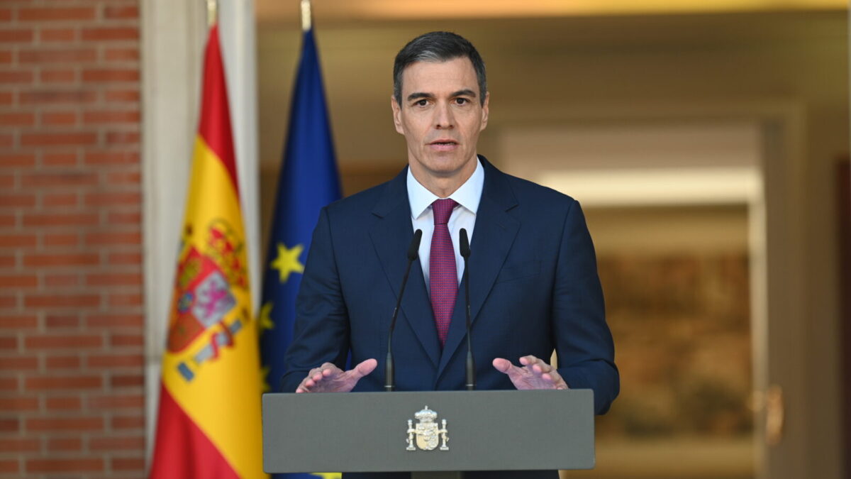 Pedro Sánchez, durante la comparecencia de este lunes en el Palacio de la Moncloa.