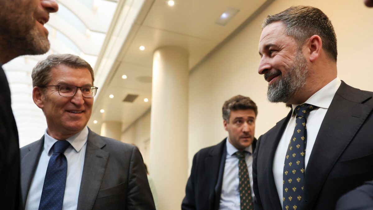 Los líderes de PP y Vox, Alberto Núñez Feijóo y Santiago Abascal, sonriendo