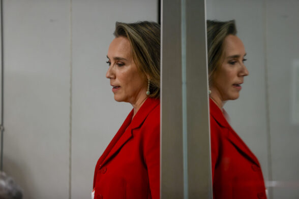 La secretaria general del PP, Cuca Gamarra, durante su intervención en la sede del partido en la calle Génova este jueves