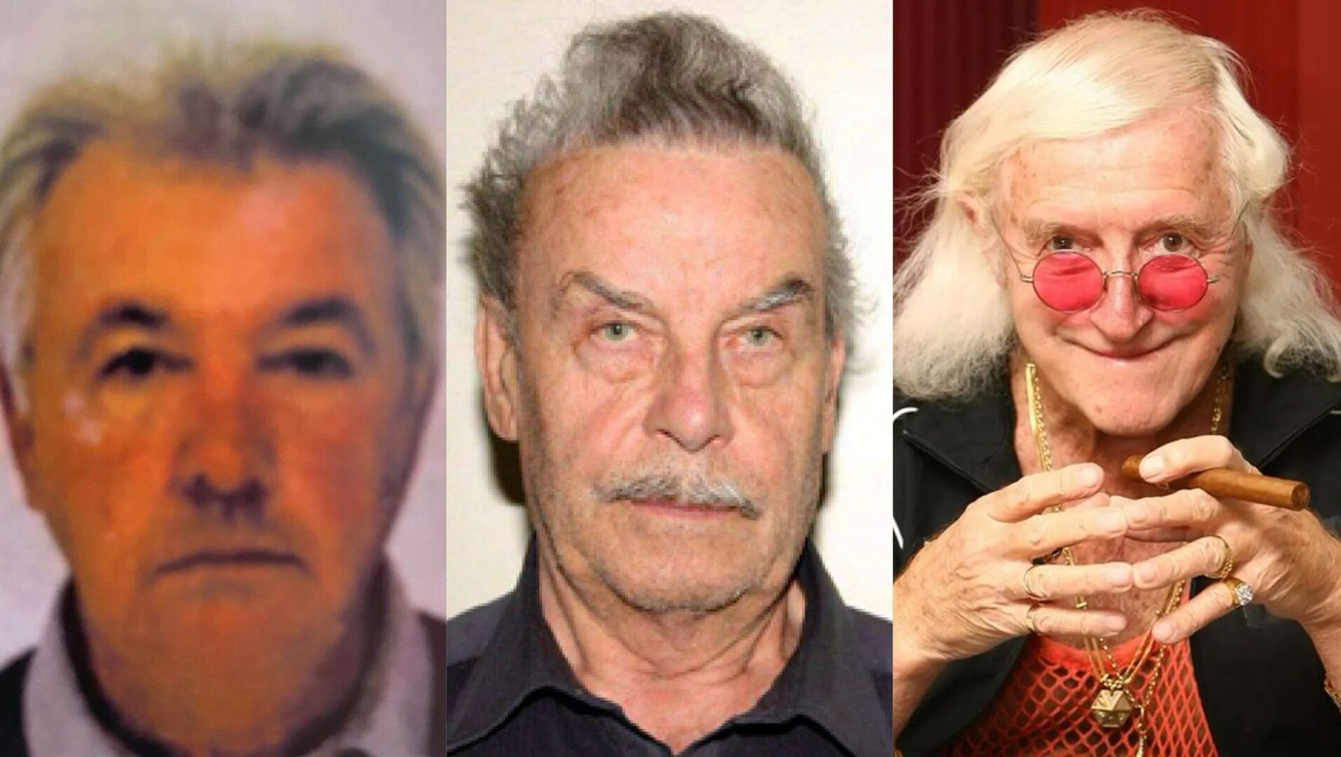 De izquierda a derecha: Dominique Pélicot, Josef Fritzl y Jimmy Savile, 3 depredadores sexuales que cometieron crímenes atroces.