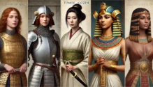 Figuras femeninas claves de la historia, como Juana de Arco, Tomoe Gozen, Hatshepsut y Cleopatra VII