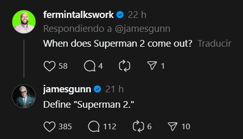 Respuesta de James Gunn en Threads sobre la secuela de Superman