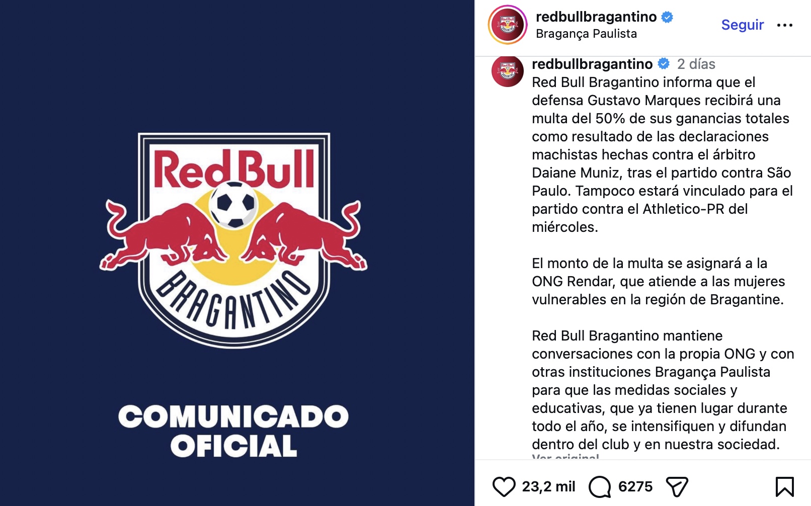 Comunicado Oficial Red Bull Bragantino sobre la sanción a Gustavo Marques