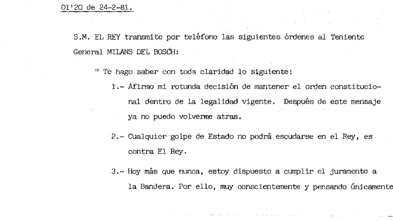 Documento de Juan Carlos I y Milán del Bosch - Política