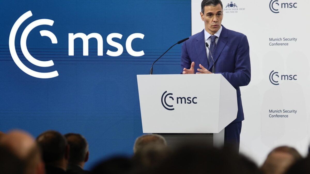 El presidente del Gobierno, Pedro Sánchez, en una conferencia de Múnich
