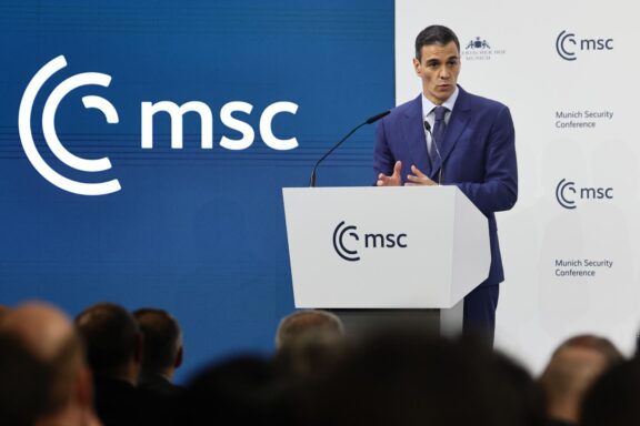 El presidente del Gobierno, Pedro Sánchez, en una conferencia de Múnich