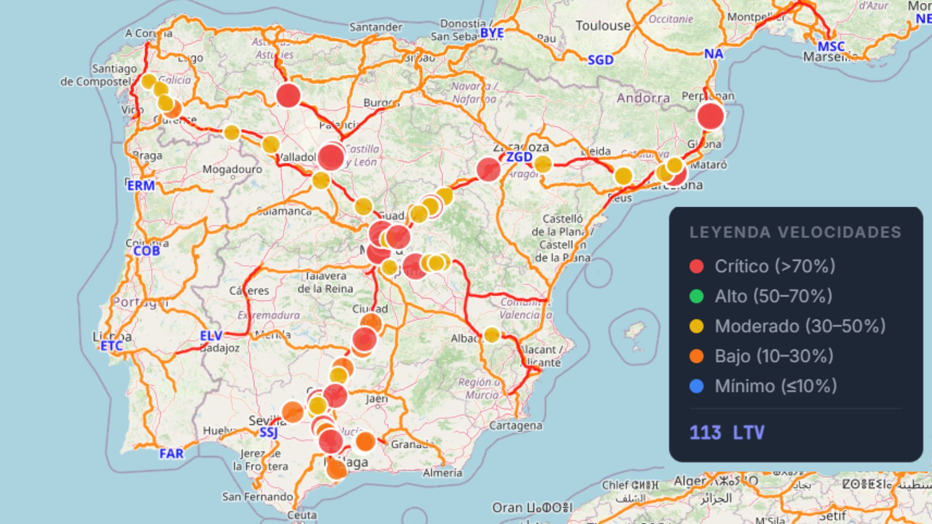 Mapa con las limitaciones temporales de más del 30% en la red alta velocidad. 