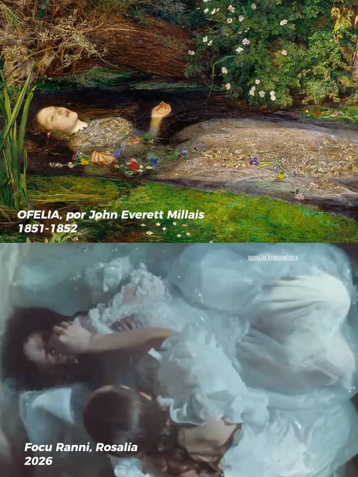'Ofelia', de John Everett Millais, y un fotograma de 'Focu Ranni', de Rosalía