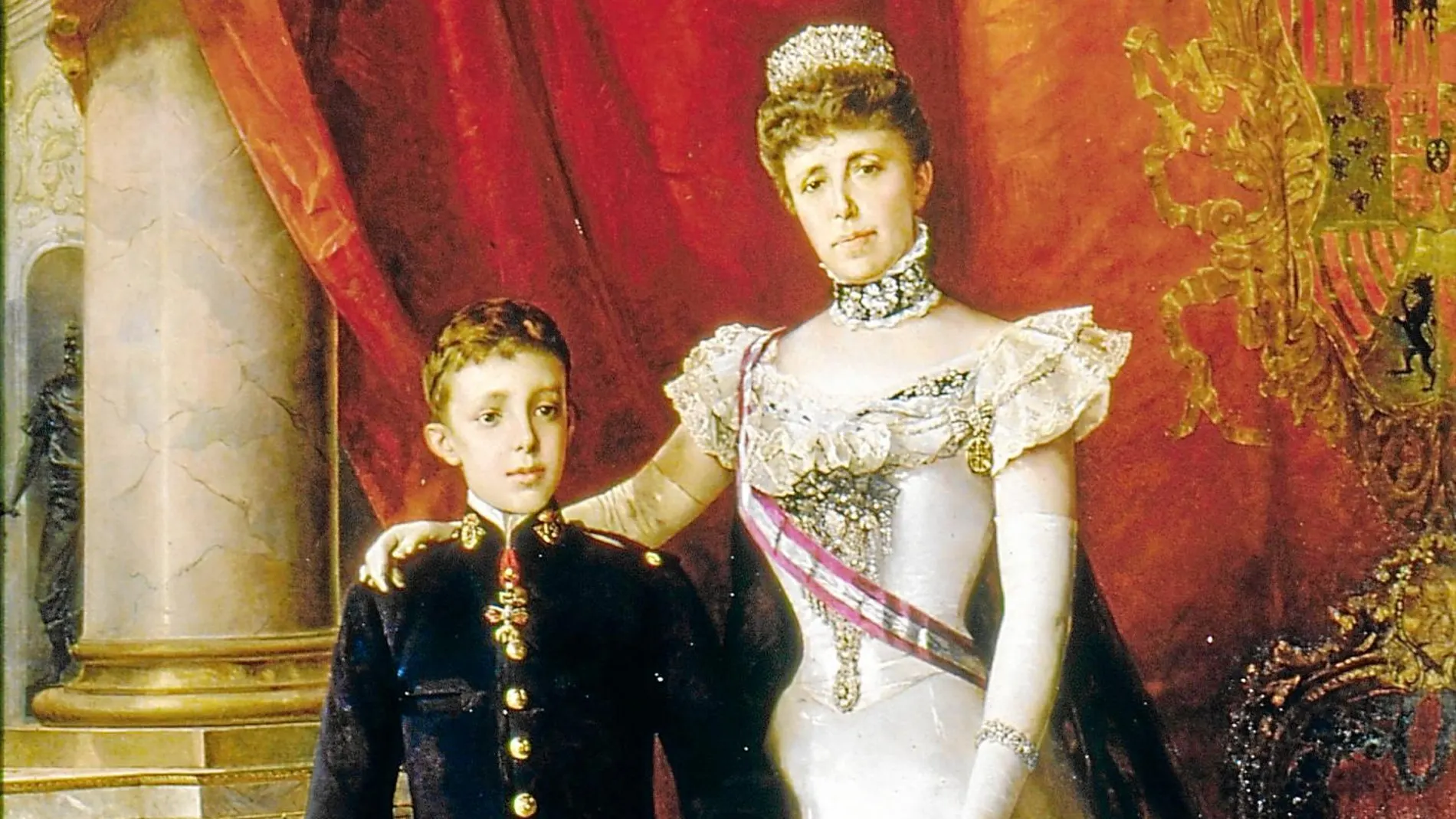 Detalle del retrato de la Reina Regente María Cristina de Habsburgo Lorena con su hijo, el futuro rey Alfonso XIII. Cuadro de Luis Álvarez Catalá (1898)