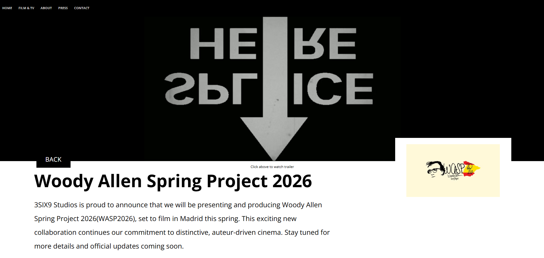 Página web de 3SIX9 Studios donde a día de hoy se sigue anunciando el proyecto de la película de Woody Allen en España, 'WASP 2026'