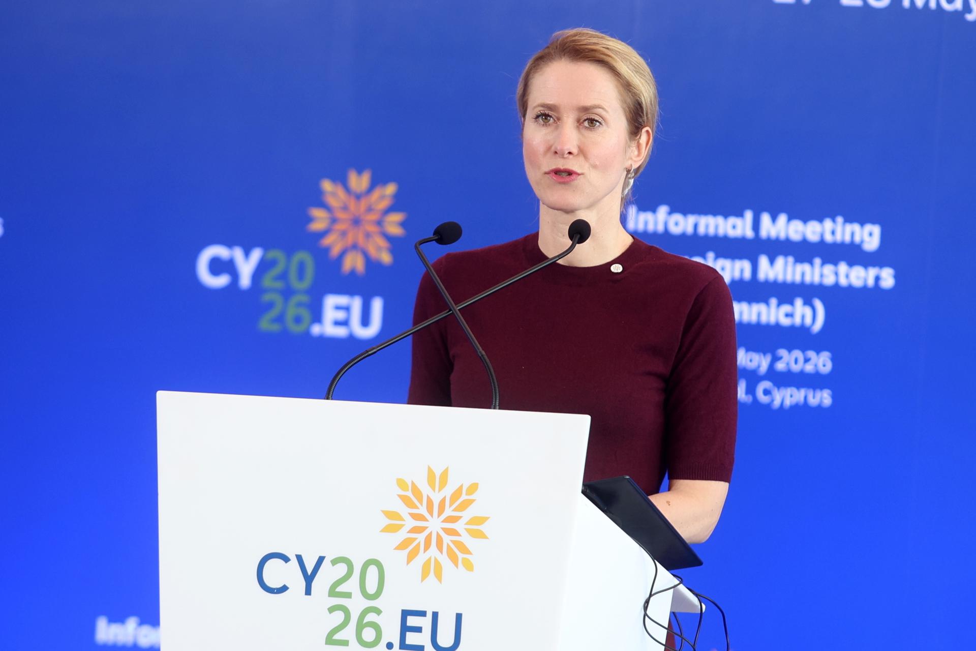 Limassol (Cyprus), 28/05/2026.- Vice - President of the European Commission Kaja Kallas gives a press conference following the Gymnich Meeting of Foreign Affairs Ministers at the port in Limassol, Cyprus, 28 May 2026. (Chipre) EFE/EPA/George Christophorou