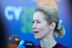 Limassol (Cyprus), 28/05/2026.- Vice-President of the European Commission Kaja Kallas speaks to the media before the Gymnich Meeting of Foreign Affairs Ministers at the port in Limassol, Cyprus, 28 May, 2026. The Foreign Ministers they will discuss current regional issues, including security and defense. (Chipre) EFE/EPA/George Christophorou