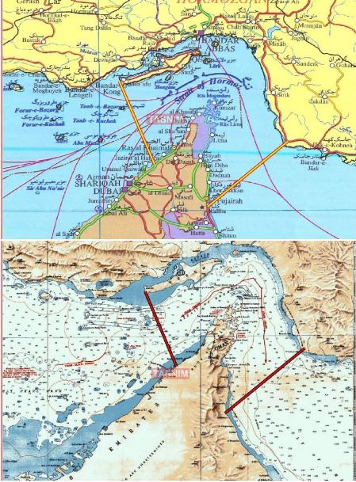 TEHERÁN, 04/05/2026.- La Guardia Revolucionaria iraní publicó este lunes un nuevo mapa en el que muestra las áreas que controla la República Islámica del estrecho de Ormuz, bloqueado por Teherán desde el comienzo de la guerra con Estados Unidos, que anunció ayer una operación para liberar a las embarcaciones atrapadas en la zona. El mapa muestra una línea que une el monte Mubarak en territorio iraní con la ciudad de Fujairah en Emiratos Árabes Unidos al este del estrecho, mientras que al oeste del paso estaría bajo control persa la región que va desde la isla iraní de Qeshm hasta la ciudad emiratí de Umm al Quwain. El mapa, publicado por la agencia Tasnim, vinculada con la Guardia Revolucionaria iraní, se ha hecho público en medio de las nuevas tensiones entre Irán y Estados Unidos por el control del estratégico estrecho por el que transita el 20 % del petróleo mundial. EFE/ Tasnim News - SOLO USO EDITORIAL/SOLO DISPONIBLE PARA ILUSTRAR LA NOTICIA QUE ACOMPAÑA (CRÉDITO OBLIGATORIO) -