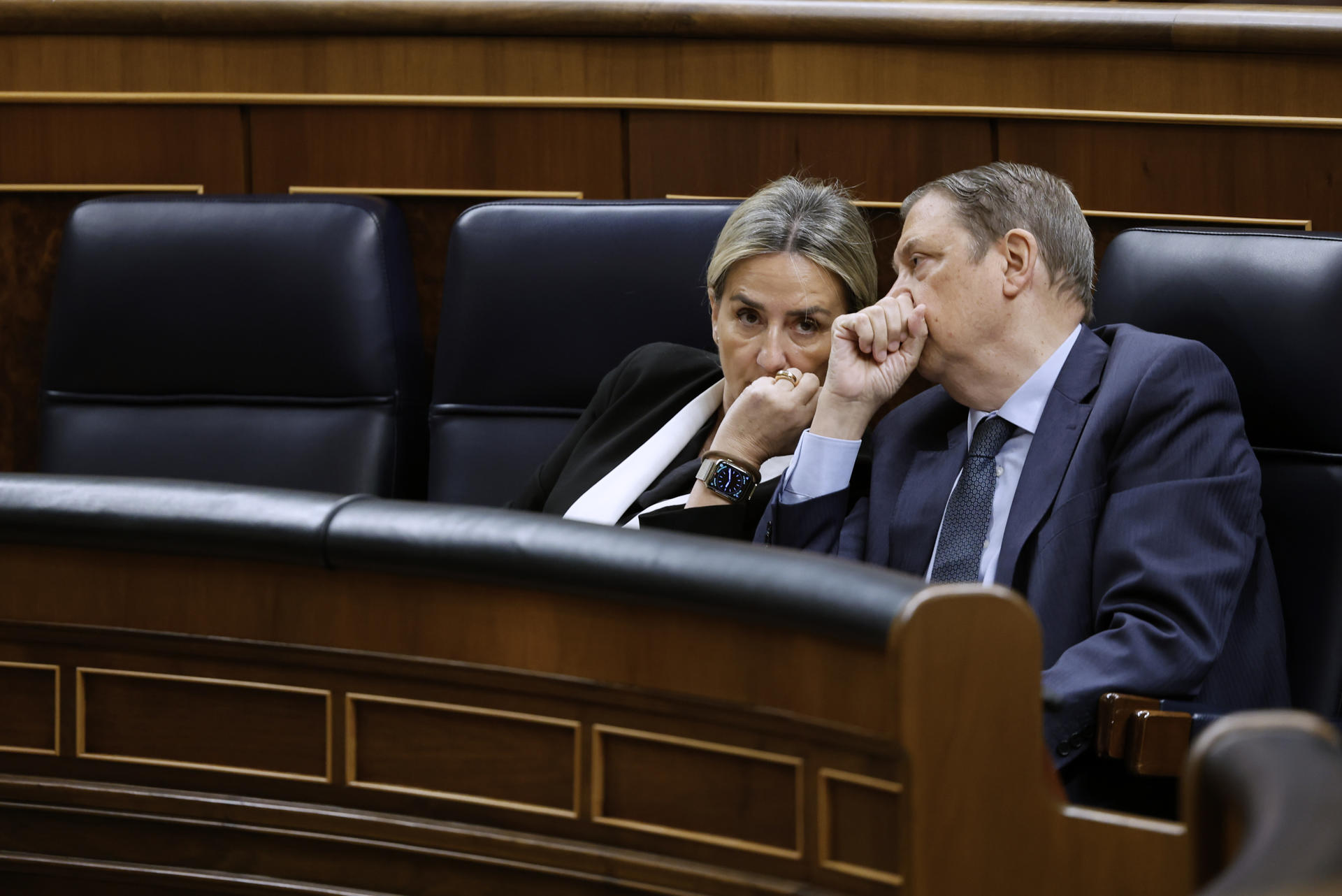 MADRID, 27/05/2026.- La ministra de Educación, Formación Profesional y Deportes, Milagros Tolón (i), conversa con el ministro de Agricultura, Pesca y Alimentación, Luis Planas (d), durante la sesión de control al Gobierno, este miércoles. EFE/Mariscal