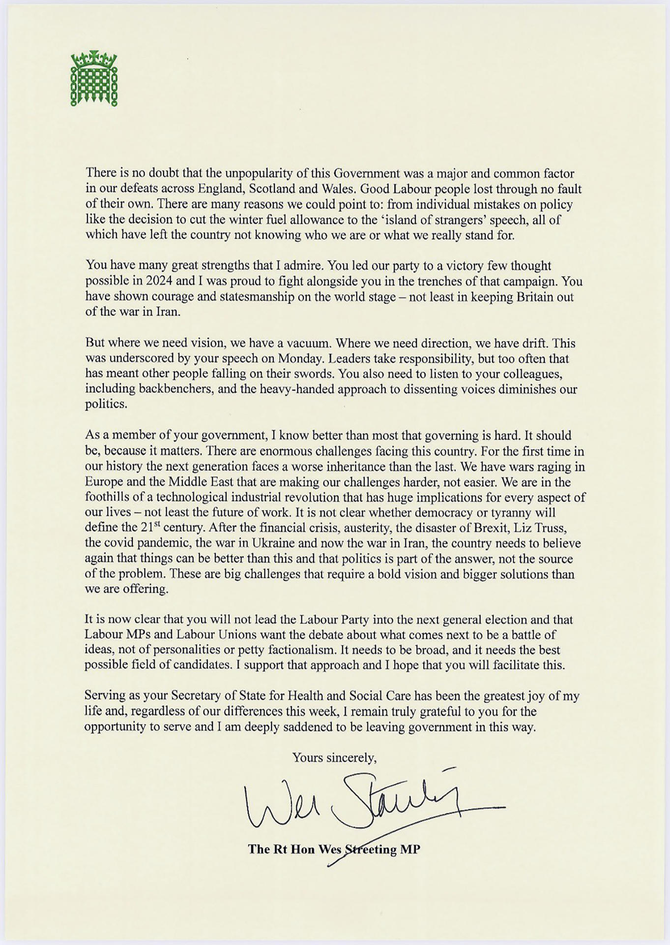 LONDRES (REINO UNIDO), 14/05/2026.- El ministro británico de Sanidad, Wes Streeting, anunció este jueves su dimisión en el cargo, en un movimiento que recrudece la crisis en el seno del Gobierno laborista de Keir Starmer y lo perfila como posible rival para disputarle el liderazgo del partido. En un comunicado, el hasta ahora ministro aseguró que, tras la debacle laborista en las elecciones locales de la semana pasada, está claro que Starmer no podrá liderar la formación de izquierdas de cara a los próximos comicios de 2029 y abogó por un debate sobre el liderazgo con "el mejor rango de candidatos posible". EFE/Ministro de Sanidad Wes Streeting/SOLO USO EDITORIAL/SOLO DISPONIBLE PARA ILUSTRAR LA NOTICIA QUE ACOMPAÑA (CRÉDITO OBLIGATORIO)