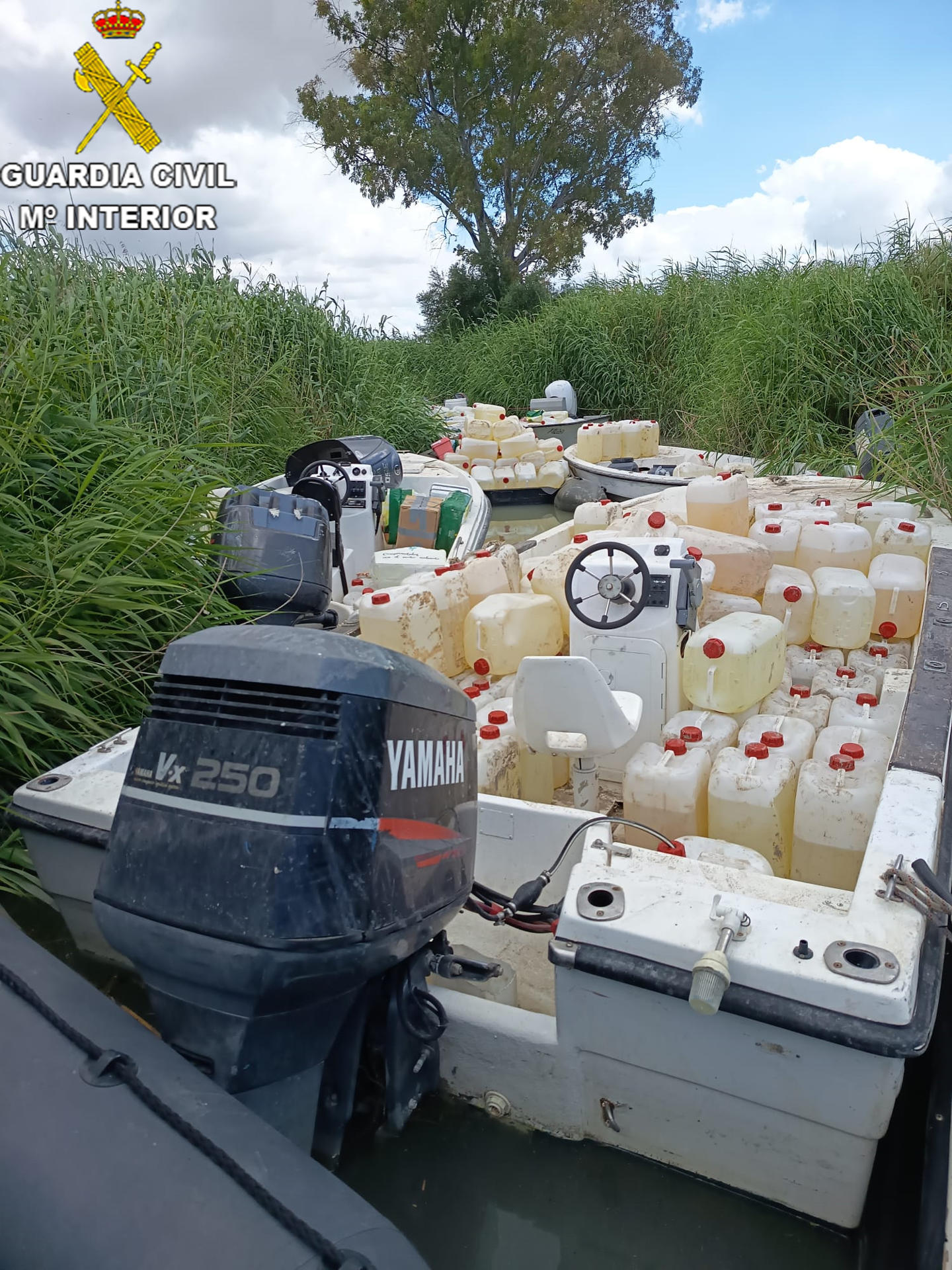 EL PUERTO DE SANTA MARÍA (CÁDIZ), 14/05/2026.- La Guardia Civil ha frustrado un operativo de abastecimiento de combustible destinado a embarcaciones vinculadas al narcotráfico en el río Guadalete, en El Puerto de Santa María (Cádiz), donde han sido intervenidos 11.000 litros de carburante distribuidos en 550 garrafas. EFE/ Guardia Civil SOLO USO EDITORIAL/SOLO DISPONIBLE PARA ILUSTRAR LA NOTICIA QUE ACOMPAÑA (CRÉDITO OBLIGATORIO)