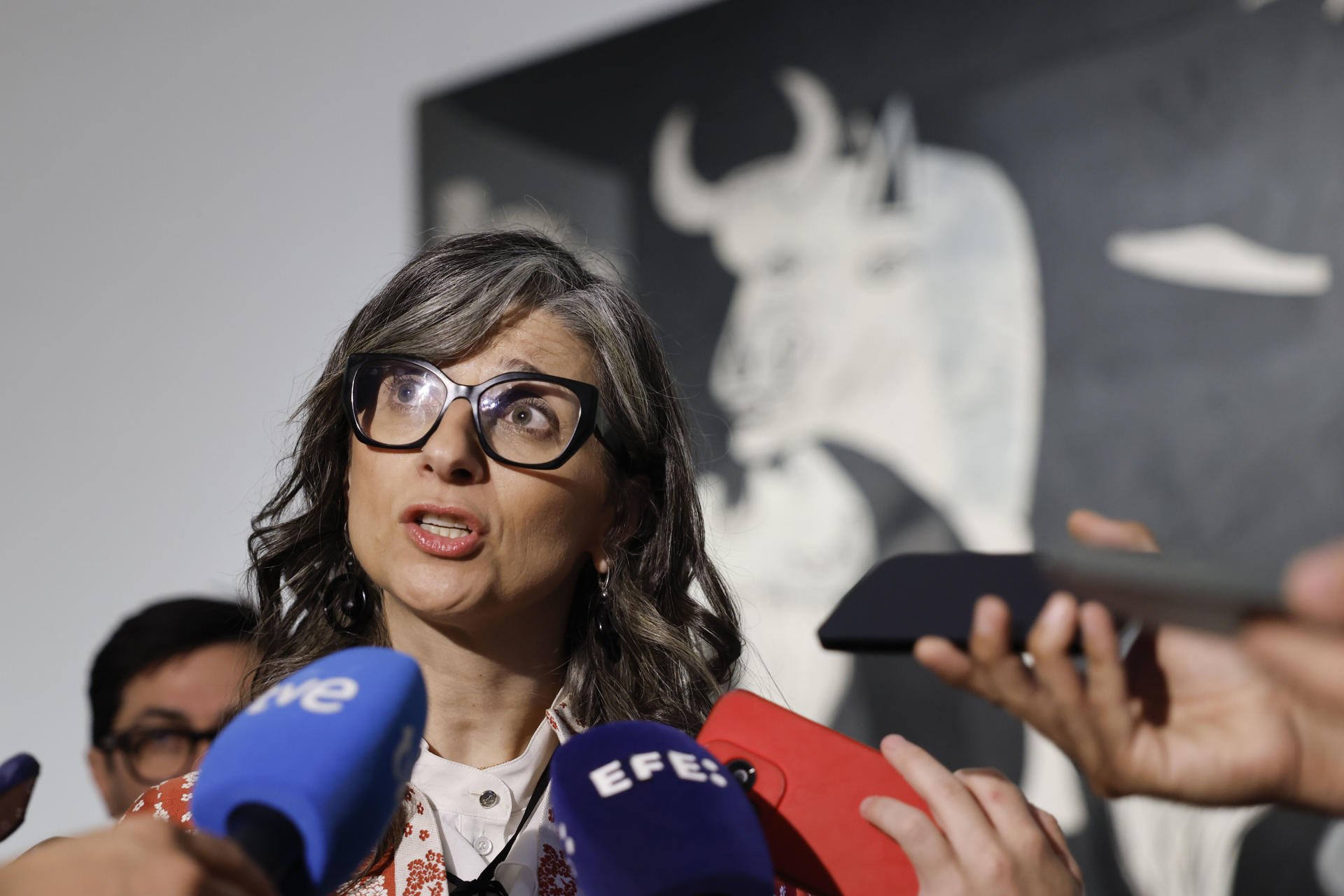 MADRID, 06/05/2026.- La relatora de Naciones Unidas sobre la situación de los derechos humanos en los Territorios Ocupados Palestinos, Francesca Albanese, en declaraciones a los medios durante su visita este miércoles al Guernica de Picasso en el Museo Reina Sofía, en Madrid. EFE/ Mariscal