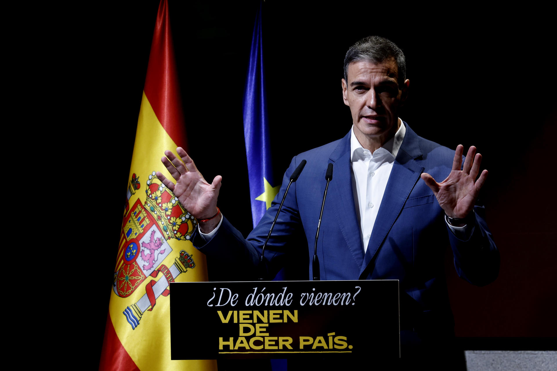 MADRID (ESPAÑA), 30/06/2026.- El presidente del Gobierno, Pedro Sánchez, durante la presentación este martes del Plan de Integración y Ciudadanía y de la campaña institucional ¿De dónde vienen? Vienen de hacer país celebrada en Madrid. EFE/ Chema Moya