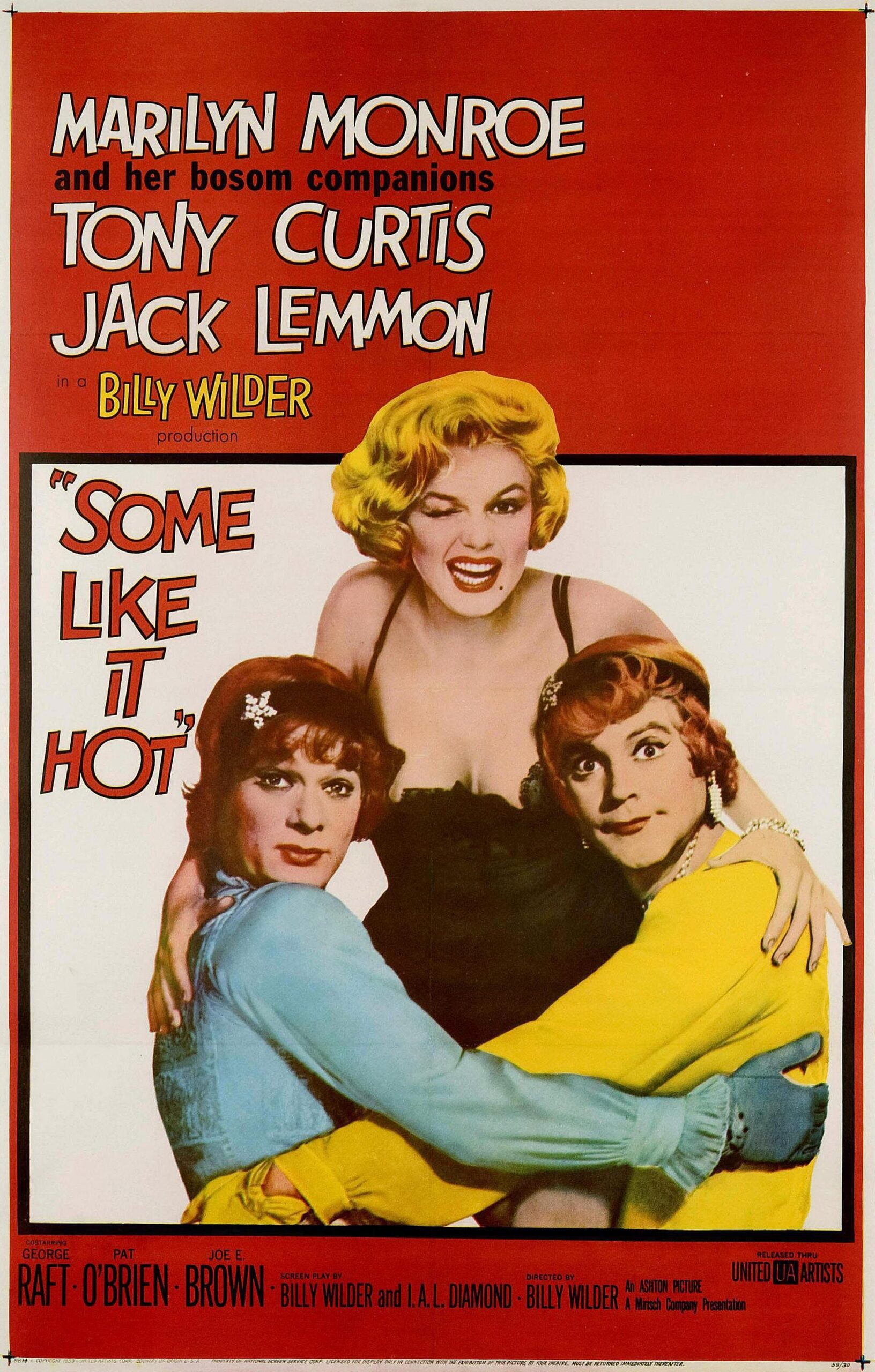 Cartel cinematográfico para el estreno de la película Con faldas y a lo loco (1959), protagonizada por Marilyn Monroe, Tony Curtis y Jack Lemmon.
