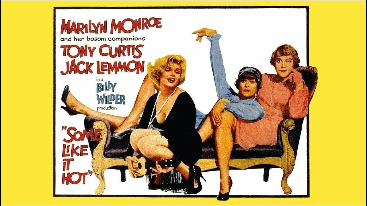 Cartel cinematográfico para el estreno de la película Con faldas y a lo loco (1959), protagonizada por Marilyn Monroe, Tony Curtis y Jack Lemmon.