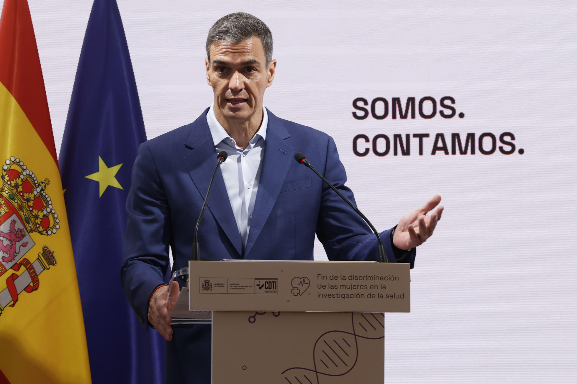 MADRID, 15/06/2026.- El presidente del Gobierno, Pedro Sánchez durante la presentación del programa Somos. Contamos: fin de la discriminación de las mujeres en la investigación de la salud, dirigido a reducir la brecha histórica en investigación en salud de las mujeres para mejorar el diagnóstico y los tratamientos, este lunes, en Madrid. EFE/J.J. Guillén