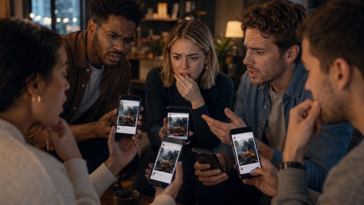 Imagen de un grupo de personas mirando varios móviles generada por ChatGPT.
