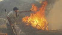 FERMOSELLE (ZAMORA), 29/07/2026.- Trabajos de extinción del incendio forestal en Fermoselle (Zamora) este miércoles. El incendio que se ha declarado hoy en Fermoselle (Zamora), en el parque natural Arribes del Duero, ha llegado a las inmediaciones de los cascos urbanos de tres poblaciones, donde actúan los medios de extinción, mientras al confinamiento de Fermoselle y los desalojos de siete localidades se ha sumado el de la residencia de mayores de Muga de Sayago. EFE/ Mariam A. Montesinos