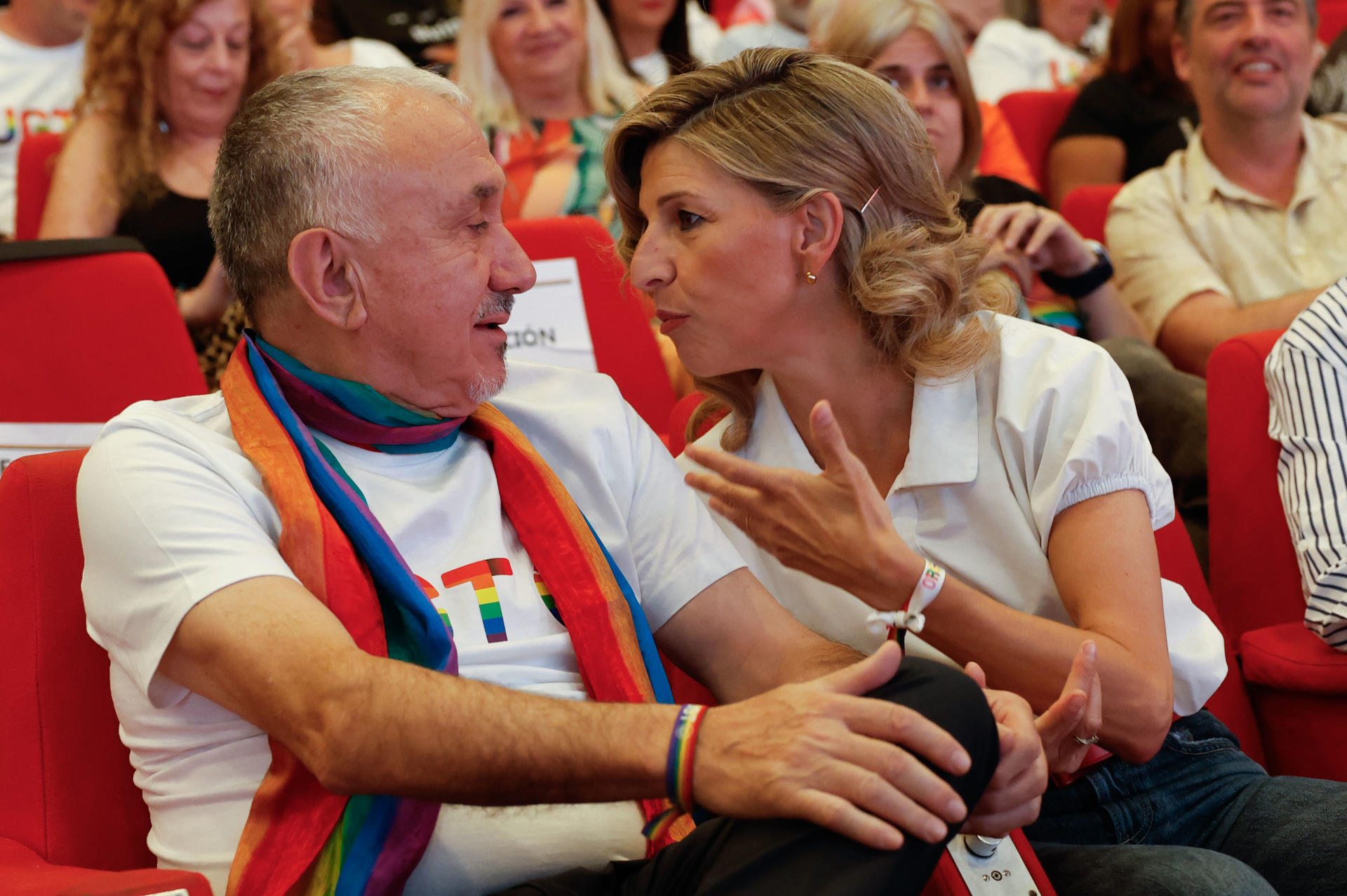 MADRID, 03/07/2026.-La vicepresidenta segunda y ministra de Trabajo y Economía Social, Yolanda Díaz, y el secretario general de UGT Pepe Álvarez, clausuran las Jornadas LGTBI organizadas por UGT, este viernes en Madrid.-EFE/ J.J. Guillén