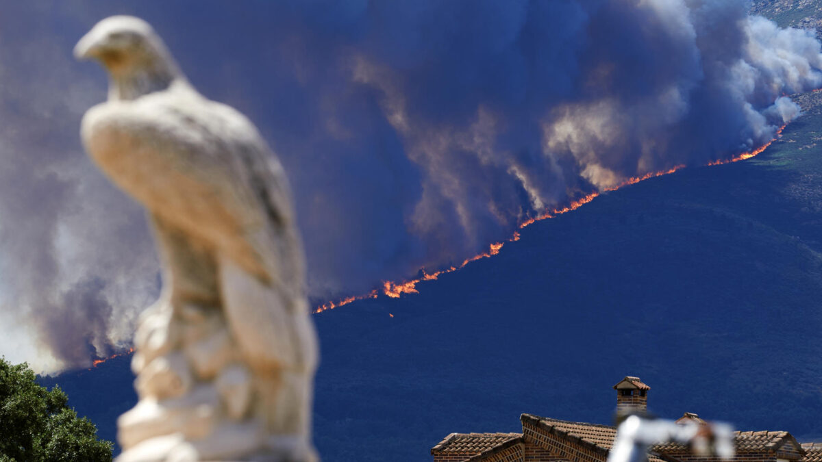 Imagen de las llamas del incendio forestal activo este viernes entre las localidades abulenses de Burgohondo y Navaluenga. EFE / Raúl Sanchidrián.