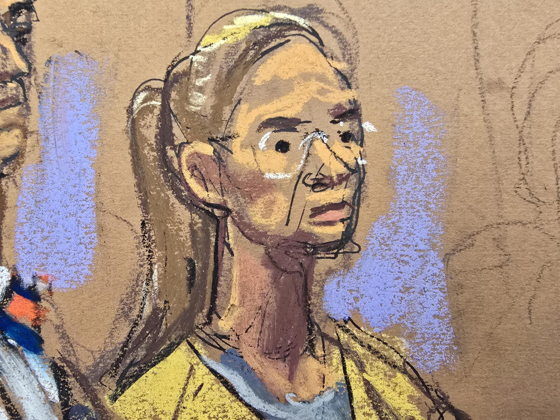 Fotografía de un dibujo realizado por la artista Jane Rosenberg que muestra a la esposa del presidente depuesto de Venezuela, Celia Maduro, durante una audiencia de seguimiento del proceso por cargos de narcoterrorismo y narcotráfico, este miércoles en Nueva York (Estados Unidos). EFE/ Jane Rosenberg