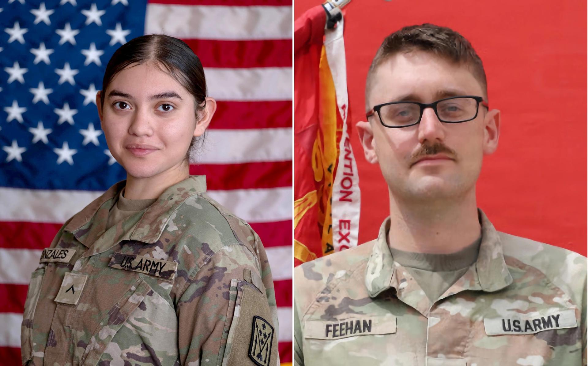 Combo de fotografías cedidas por el Ejército de los Estados Unidos donde aparecen la soldado Isabella Gonzales y el primer teniente Tyler James Feehan identificados este lunes por el Pentágono como los dos militares estadounidenses muertos tras un bombardeo iraní contra la base aérea Muwaffaq Salti, en Jordania. EFE/ Ejército de los Estados Unidos /SOLO USO EDITORIAL/ NO VENTAS/ SOLO DISPONIBLE PARA ILUSTRAR LA NOTICIA QUE ACOMPAÑA (CRÉDITO OBLIGATORIO)