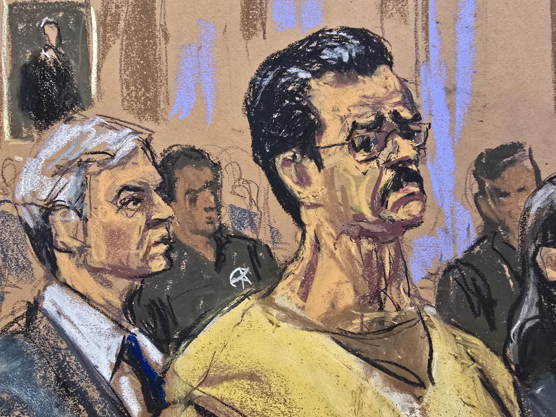 Fotografía de un dibujo realizado por la artista Jane Rosenberg que muestra al presidente depuesto de Venezuela, Nicolás Maduro, y su abogado defensor Barry Pollack (atrás) durante una audiencia de seguimiento del proceso por cargos de narcoterrorismo y narcotráfico, este miércoles en Nueva York (Estados Unidos). EFE/ Jane Rosenberg