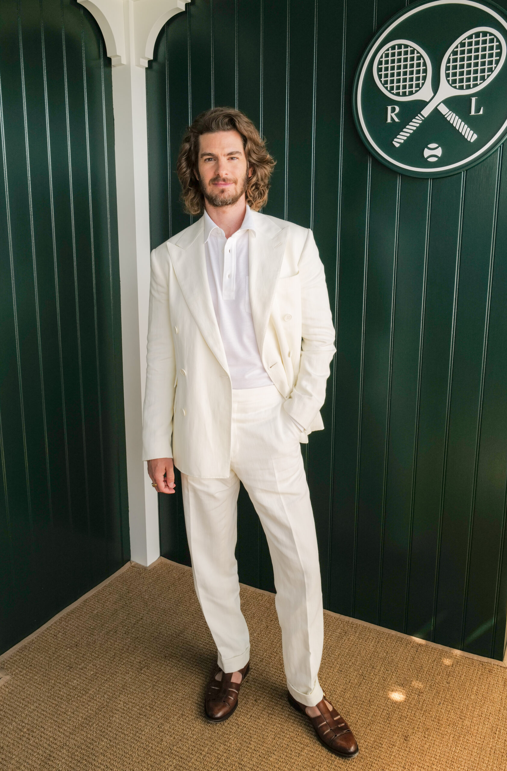 LONDON, ENGLAND - JULY 12: Andrew Garfield, wearing Ralph Lauren, attends the Ralph Lauren Suite during The Championships, Wimbledon at All England Lawn Tennis and Croquet Club on July 12, 2026 in London, England. (Photo by Darren Gerrish/WireImage for Ralph Lauren)