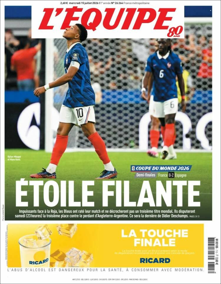 Portada de L'Equipe del 15 de julio de 2026 - Internacional Portada de L'Equipe del 15 de julio de 2026 - Internacional