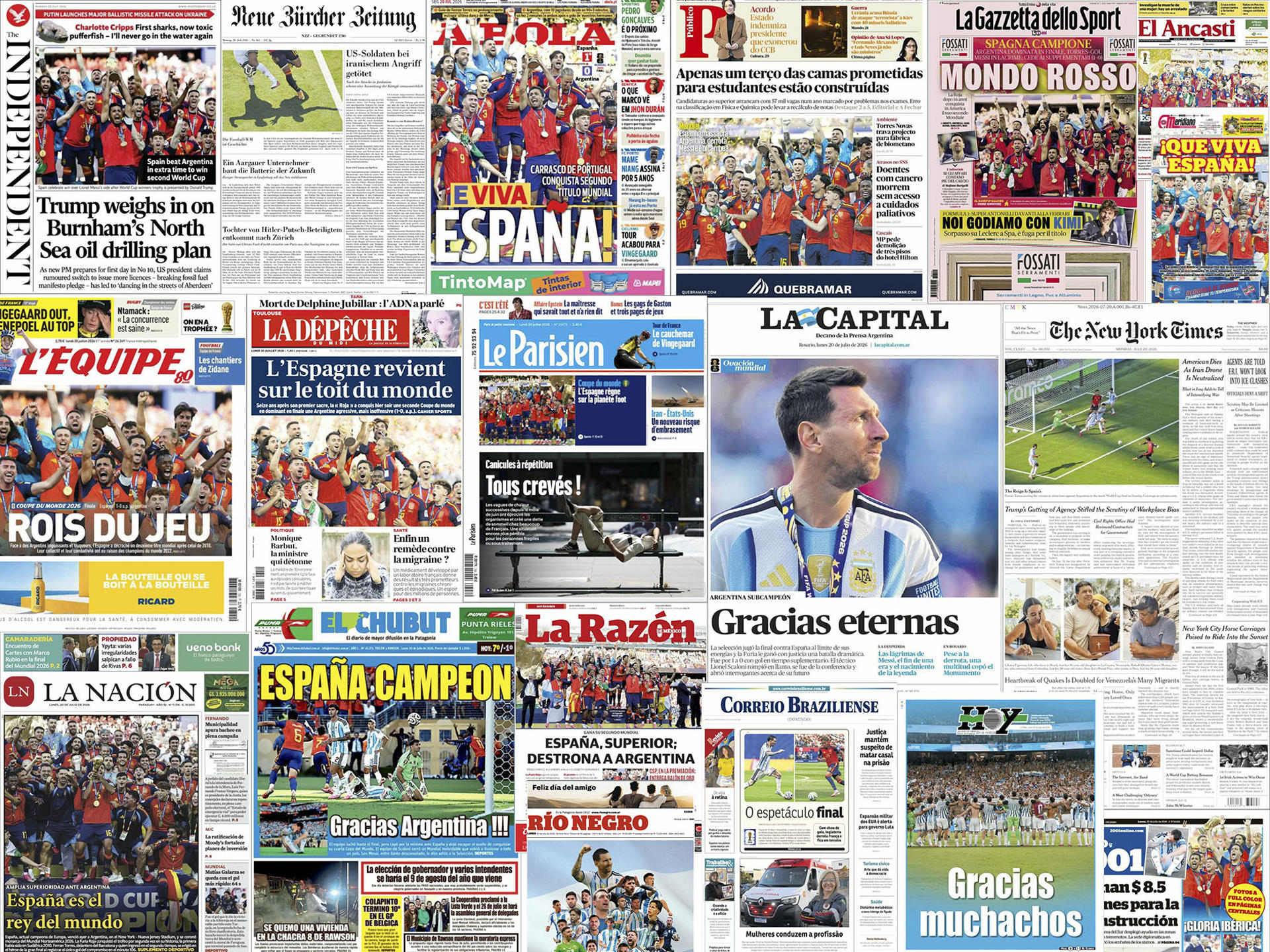 La prensa mundial se rinde este lunes a los pies de España y tras la victoria de su equipo de fútbol por 1-0 ante la de Argentina en la final del Mundial, con halagos hacia su juego y su coherencia como equipo, que la convierten en "la mejor selección del siglo XXI". EFE