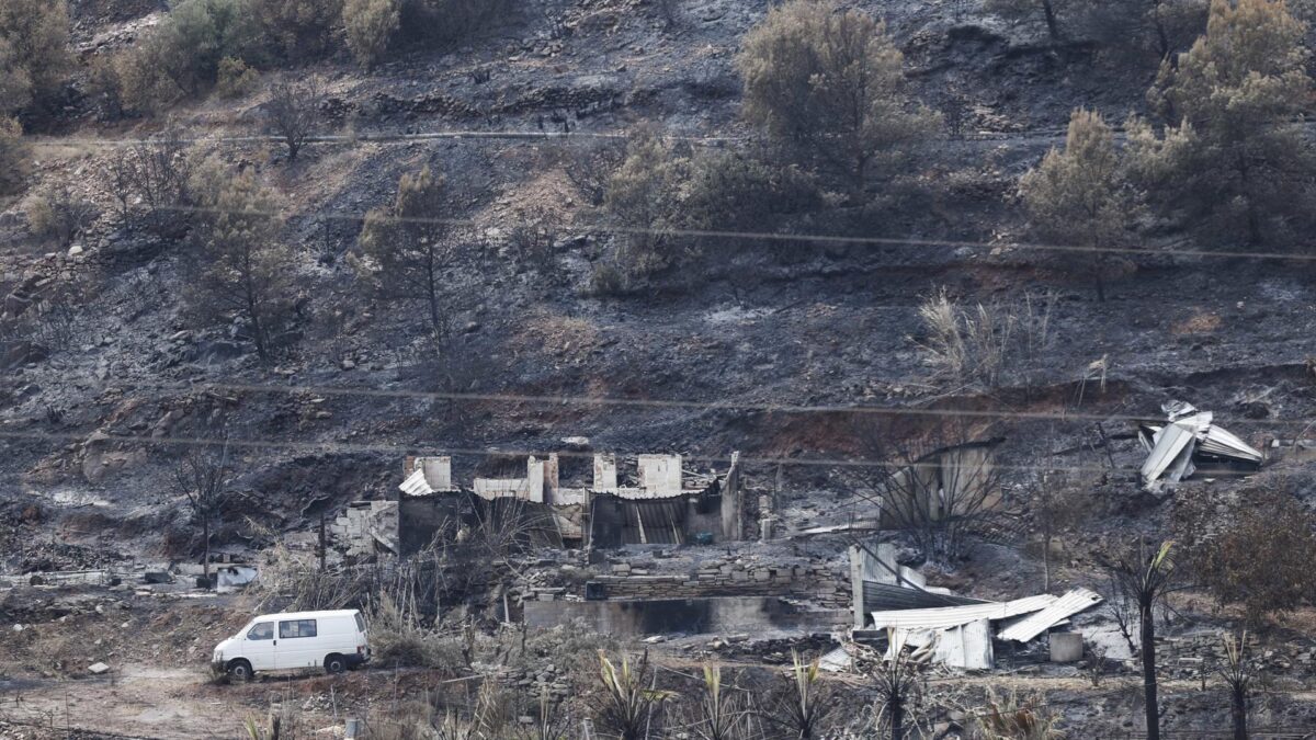 LA VILAVELLA (CASTELLÓN), 31/07/2026.- Paisaje quemado en la Vilavella (Castellón), uno de los municipios afectados por el incendio declarado el pasado sábado en La Vall d'Uixó (Castellón) que sigue sin estabilizar tras siete días activo, aunque el objetivo es conseguirlo este viernes y si no mañana, y mantiene evacuadas a 2.800 personas, tras haberse permitido hoy que vuelvan 2.400 vecinos, todos los que seguían evacuados menos los de Artana y Eslida. EFE/Kai Försterling