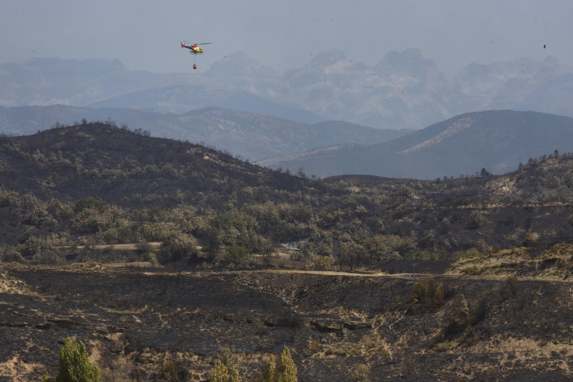 LAS PEÑAS DE RIGLOS (HUESCA), 19/08/2026.- Zona quemada junto al municipio de Arbués, como consecuencia del incendio en las Peñas de Riglos. EFE/ Javier Blasco