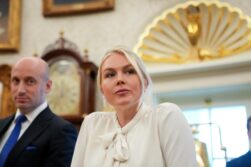 Washington (United States), 03/08/2026.- White House press secretary Karoline Leavitt and Deputy Chief of Staff Stephen Miller (L) look on as US President Donald Trump announces an executive order establishing the Presidential Military Spouse Commission, in the Oval Office at the White House in Washington, DC, USA, 03 August 2026. EFE/EPA/Allison Robbert / POOL