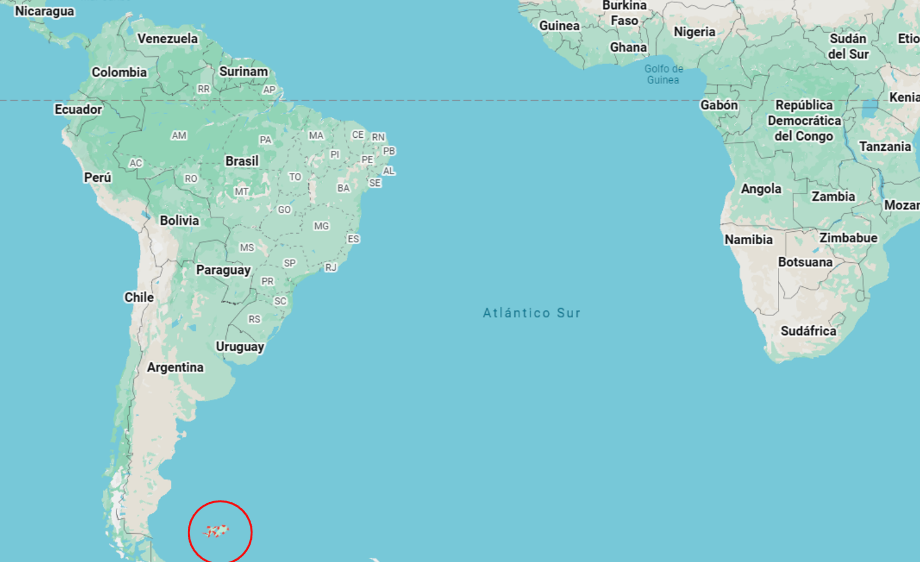 Ubicación de las islas Malvinas en el Atlántico Sur, frente a las costas de Argentina