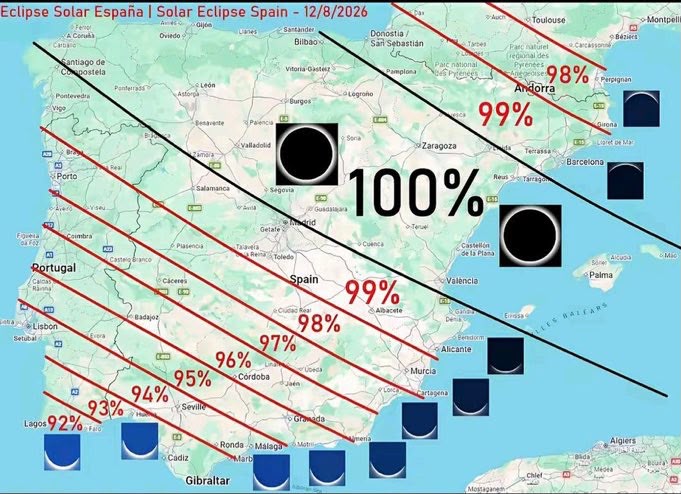 Mapa de la DGT. El eclipse será visible en su totalidad en 36 provincias situadas en una amplia franja que atraviesa Galicia, Asturias, Cantabria, País Vasco, Navarra, La Rioja, Castilla y León, Comunidad de Madrid, Castilla-La Mancha, Aragón, Cataluña, Comunidad Valenciana y Baleares.