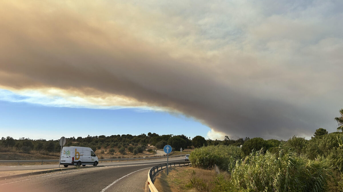 NIEBLA (HUELVA), 07/08/2026.- Incendio forestal que afecta a Niebla, en Huelva, que provoca una intensa columna de humo sobre las carreteras de la zona. El Plan Infoca mantiene movilizados 24 medios aéreos, además de un dispositivo terrestre de más de 120 efectivos, para las labores de extinción del fuego declarado en la tarde de ayer en Niebla, aún activo y que ha afectado ya a unas 380 hectáreas. EFE/Fermín Cabanillas