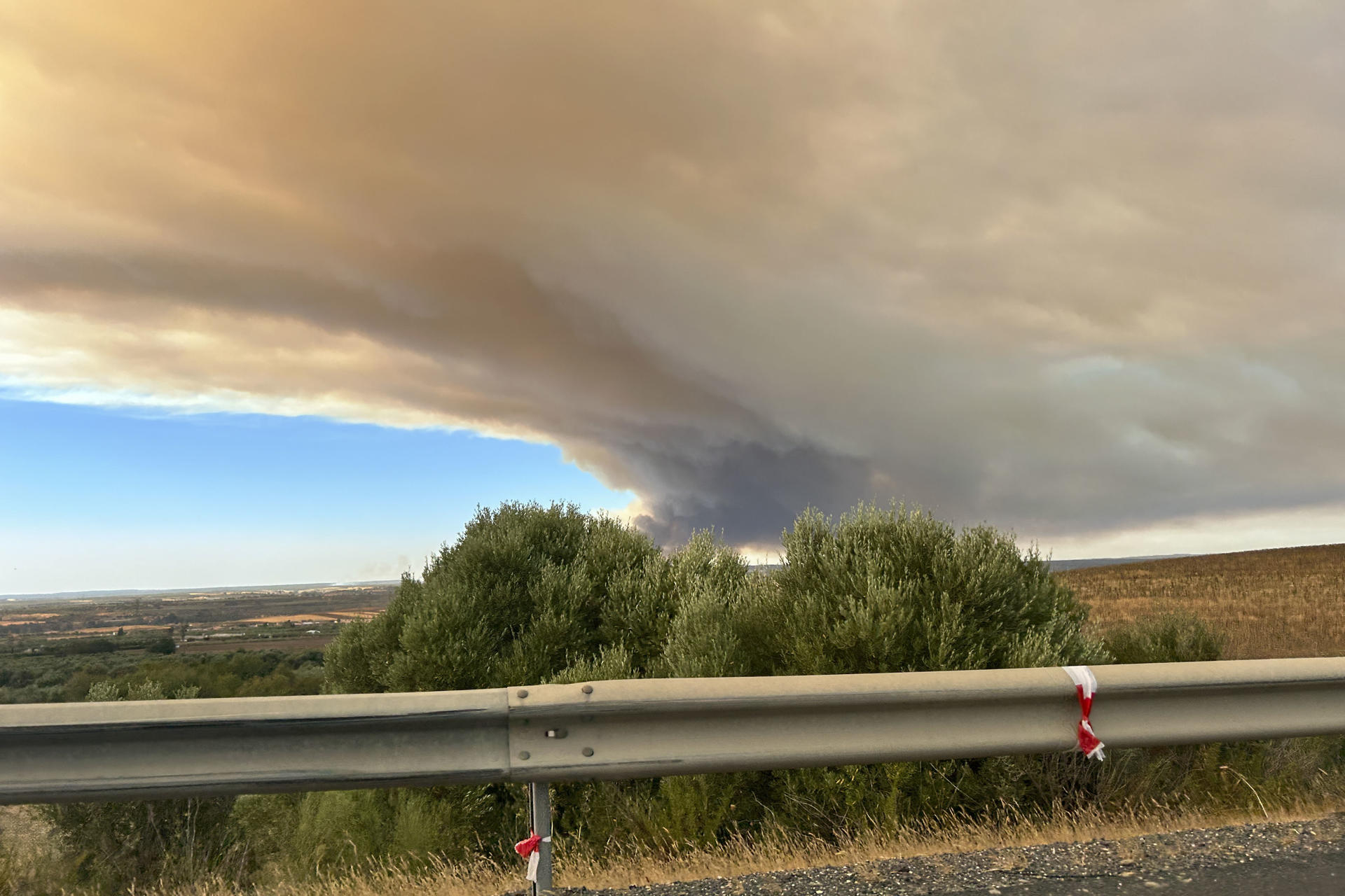 FOTODELDIA NIEBLA (HUELVA), 07/08/2026.- Incendio forestal que afecta a Niebla, en Huelva, que provoca una intensa columna de humo sobre las carreteras de la zona. El Plan Infoca mantiene movilizados 24 medios aéreos, además de un dispositivo terrestre de más de 120 efectivos, para las labores de extinción del fuego declarado en la tarde de ayer en Niebla, aún activo y que ha afectado ya a unas 380 hectáreas. EFE/Fermín Cabanillas
