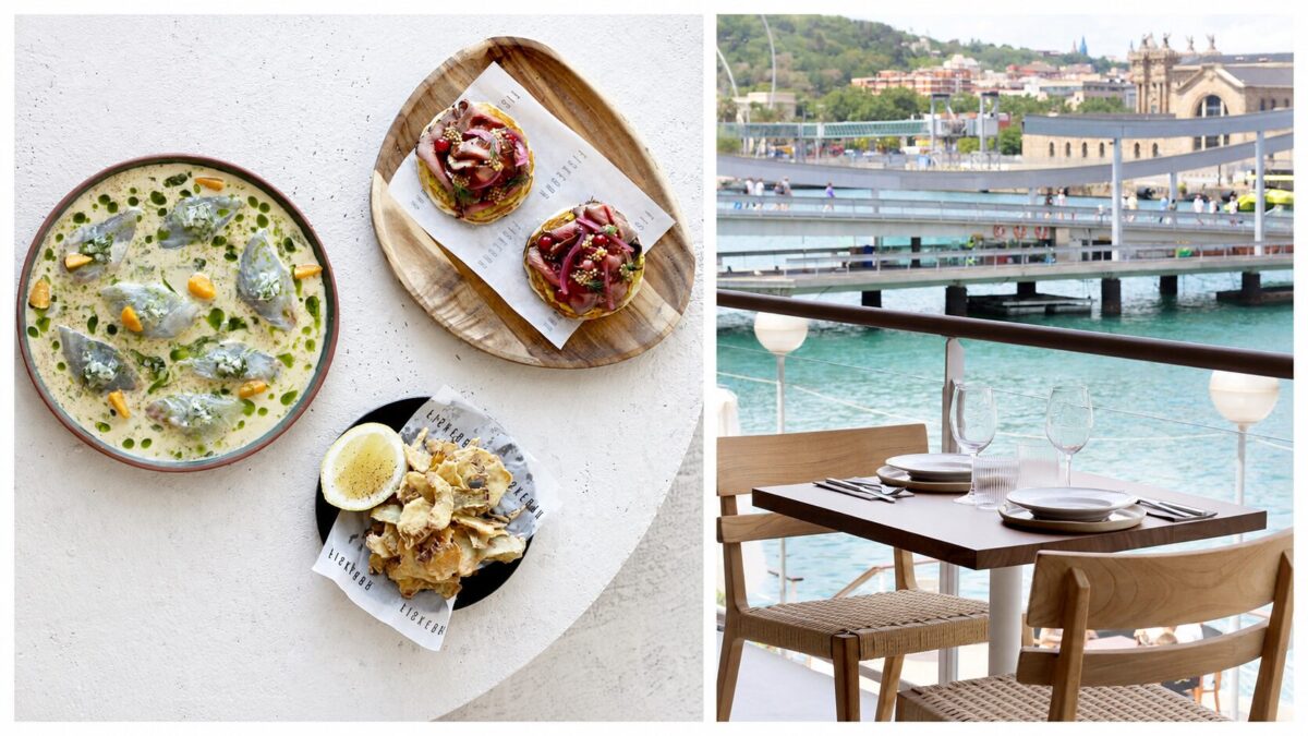 Una mesa para dos sobre el Port Vell: madera clara, fibras naturales y el Mediterráneo