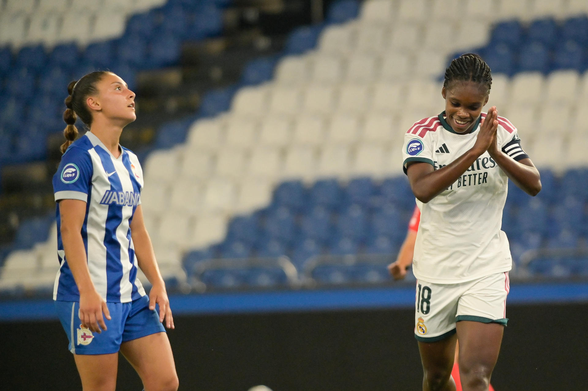 A Coruña, 11/09/2026.- La delantera colombiana del Real Madrid Linda Caicedo celebra su gol durante el encuentro correspondiente a la tercera jornada de la Liga F Moeve que Depor Abanca y Real Madrid disputan este viernes en el estadio de Riazor, en A Coruña. EFE/ Moncho Fuentes.