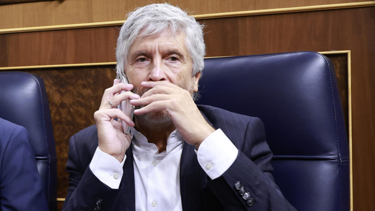FOTODELDÍA MADRID, 03/09/2026.- El ministro del Interior, Fernando Grande-Marlaska, en el Congreso de los Diputados, este jueves, donde el presidente del Gobierno, Pedro Sánchez, comparece para informar de la gestión de la crisis en Ceuta. EFE/ Chema Moya