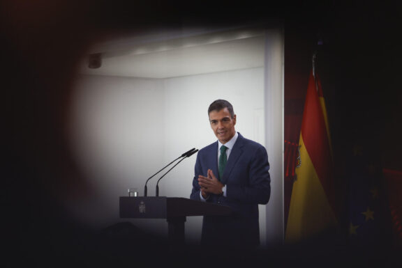 MADRID (ESPAÑA), 21/09/2026.- El presidente del Gobierno, Pedro Sánchez durante la presentación este lunes en La Moncloa de IA360: plan para un despliegue responsable de la IA'. EFE/ Javier Lizón