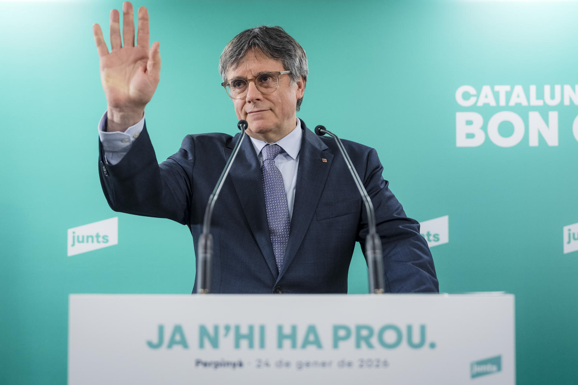 MADRID, 15/09/2026.- Fotografía de archivo, tomada en Perpiñán (Francia) el 24/01/2026, del expresident catalán Carles Puigdemont. El magistrado del Tribunal Supremo Pablo Llarena ha rechazado la petición de Puigdemont de aplicar la amnistía al delito de malversación, tras la sentencia del Tribunal de Justicia de la Unión Europea, a la espera de lo que ocurra con el fallo del Tribunal Constitucional. EFE/ Archivo/David Borrat