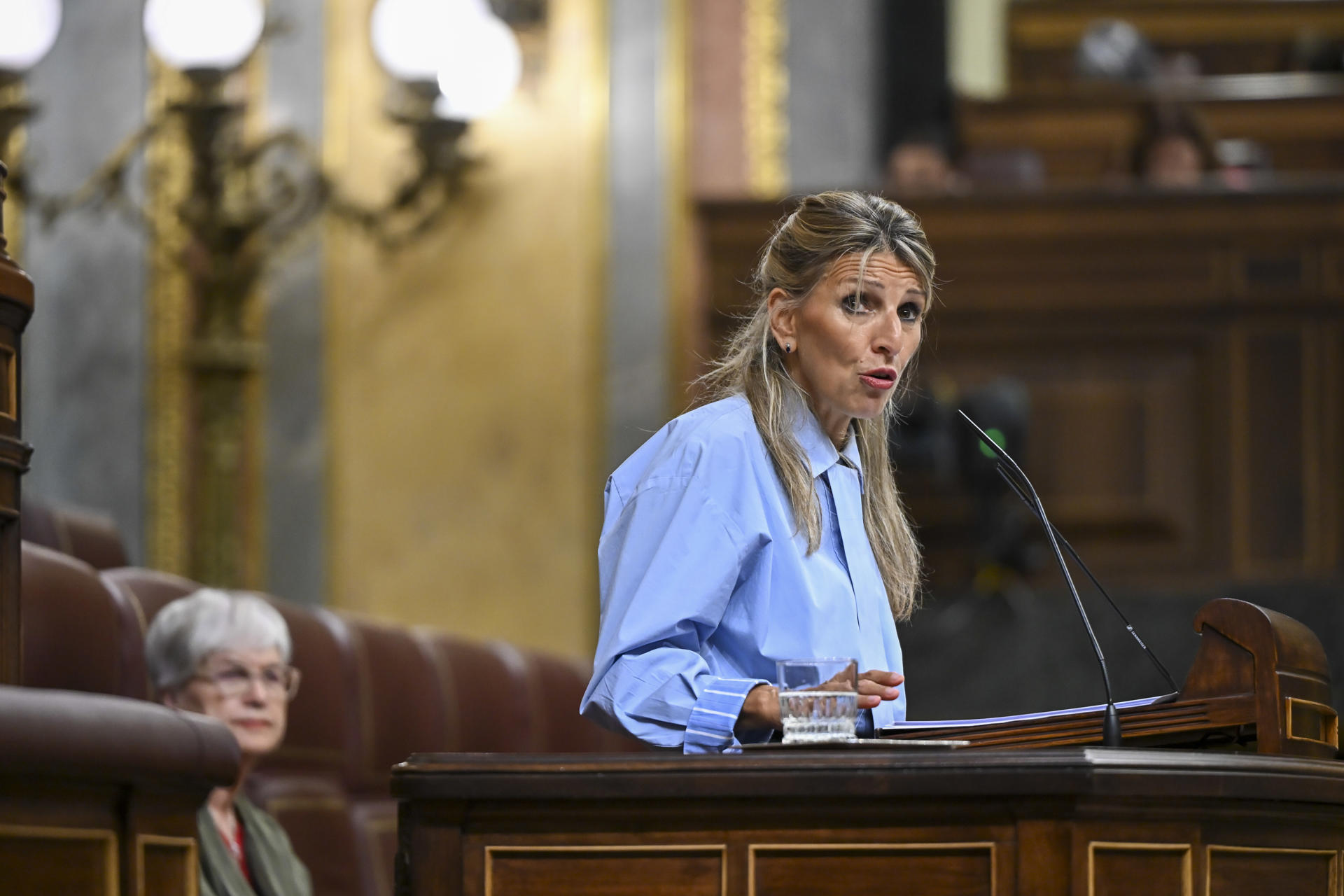 MADRID, 09/09/2026.- La vicepresidenta segunda y ministra de Trabajo y Economía Social, Yolanda Díaz, interviene durante la primera sesión de control del Congreso del curso político, este miércoles. EFE/Fernando Villar