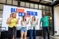 La activista trans, Mar Cambrollé, la secretaria general de Podemos, Ione Belarra, la eurodiputada, Irene Montero, y el exdiputado madrileño, Serigne Mbaye, durante el acto en Espacio Larra, a 12 de septiembre de 2026, en Madrid